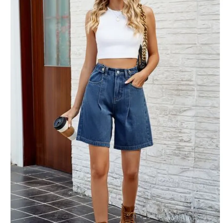 Refined High Waist Denim Shorts with Pockets