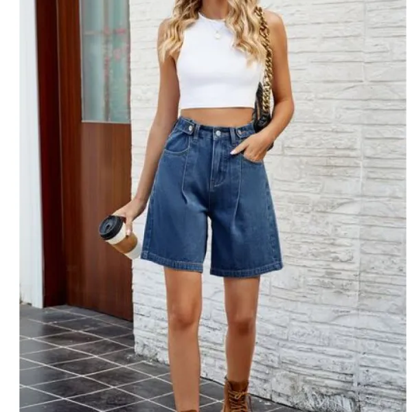 Refined High Waist Denim Shorts with Pockets