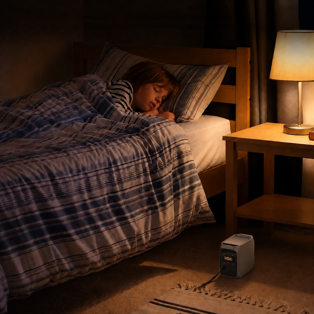 Station powering an evening bedside light in a ventilated setting