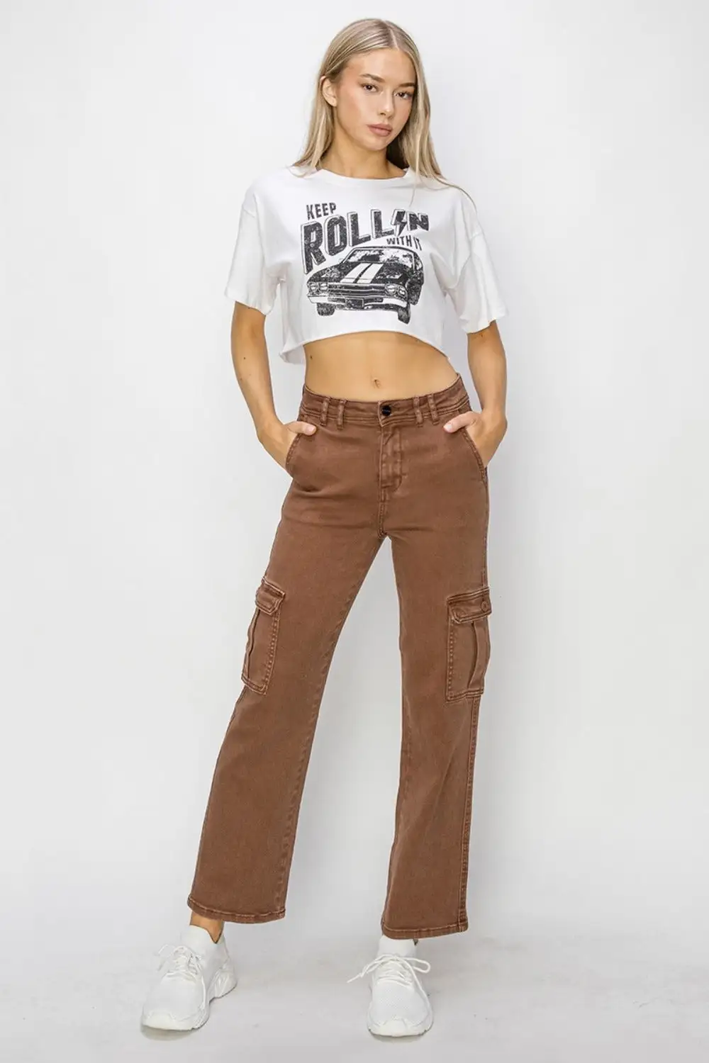 Textured High Waist Cargo Denim Jeans