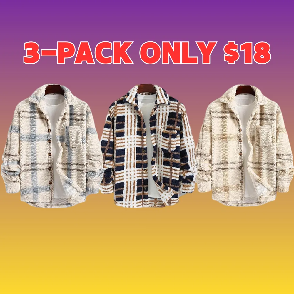 Men's Plaid Print Button Front Fleece Winter Jacket, Casual Comfortable Warmth Regular Fit Long Sleeve Pockets Warm Fleece Material Outerwear for Fall & Winter, Mens Clothing, Men's Clothes for Daily Wear