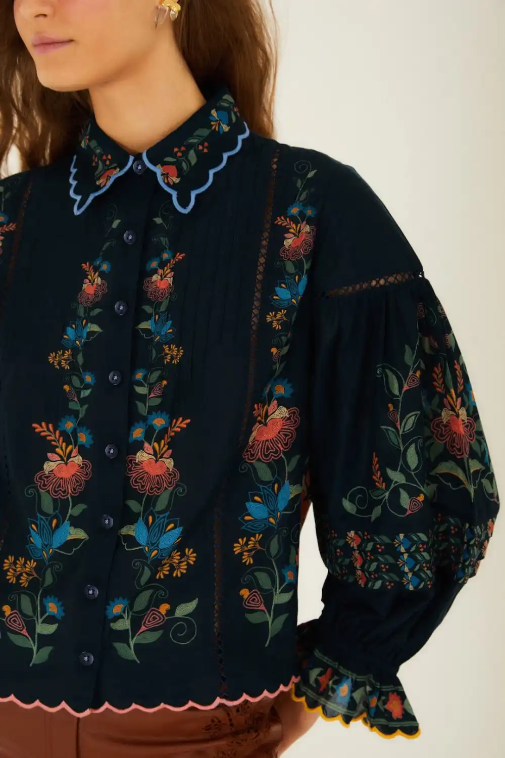 Classic Embroidered Long-Sleeve Button-Front Blouse
