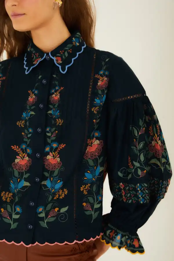 Classic Embroidered Long-Sleeve Button-Front Blouse