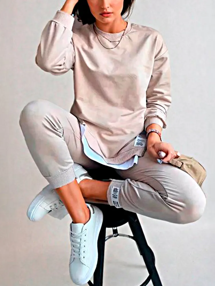 Women's Fashion Side Slit Fake Two-piece Top & Pants Two-piece Set