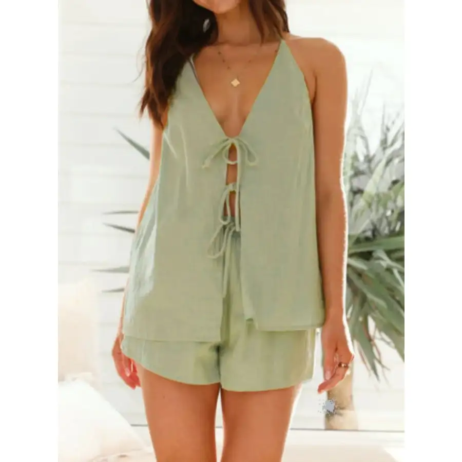 Tied Front Halter Neck Top and Shorts Set
