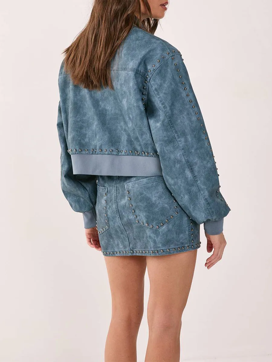 Lady'S Distressed-Style Rivet Leather Short Jacket