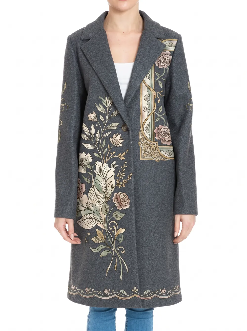 Women's Vintage Floral Botanical Art Printed Wool Coat