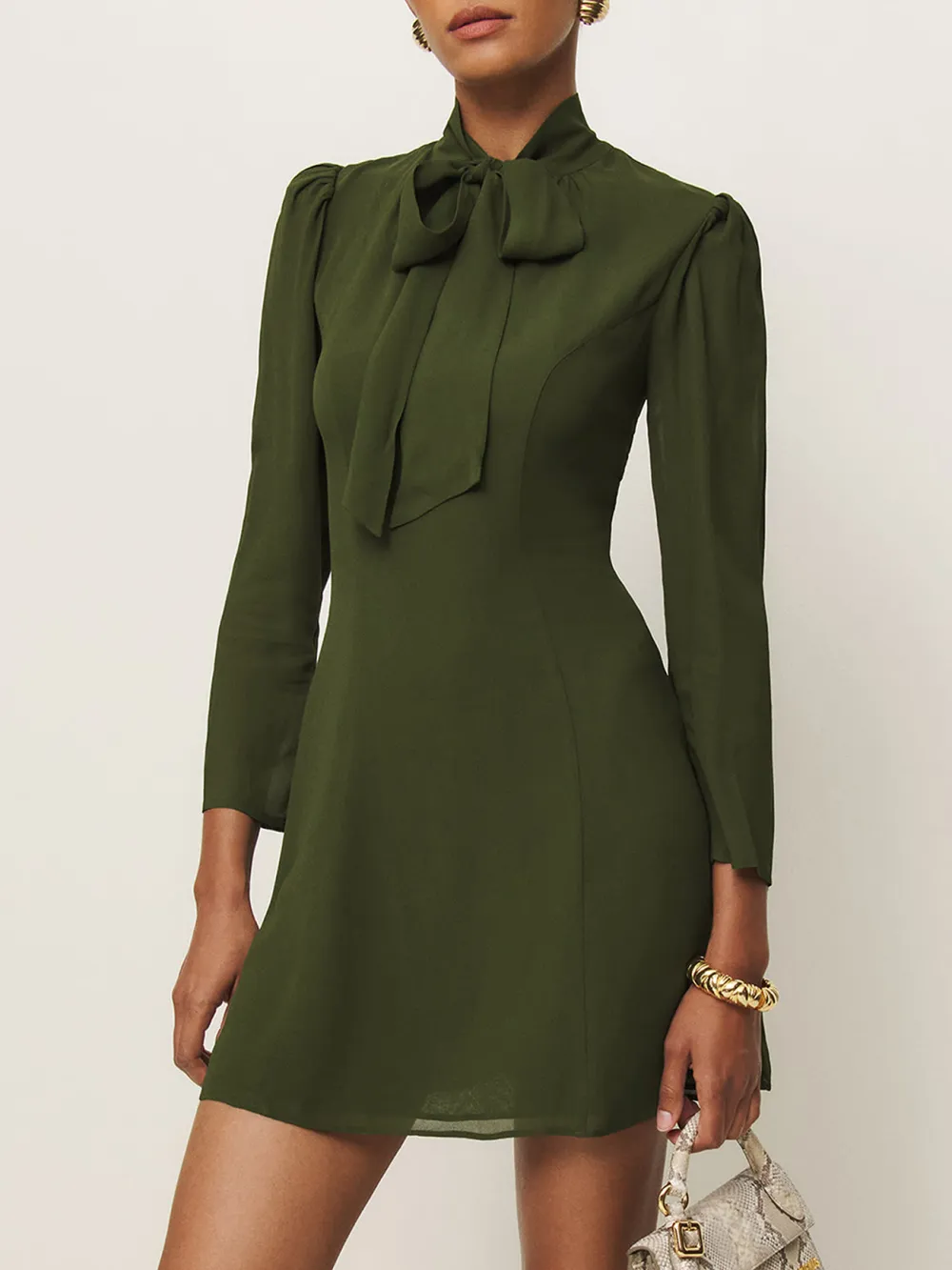 Tie Neck Long Sleeve Mini Dress