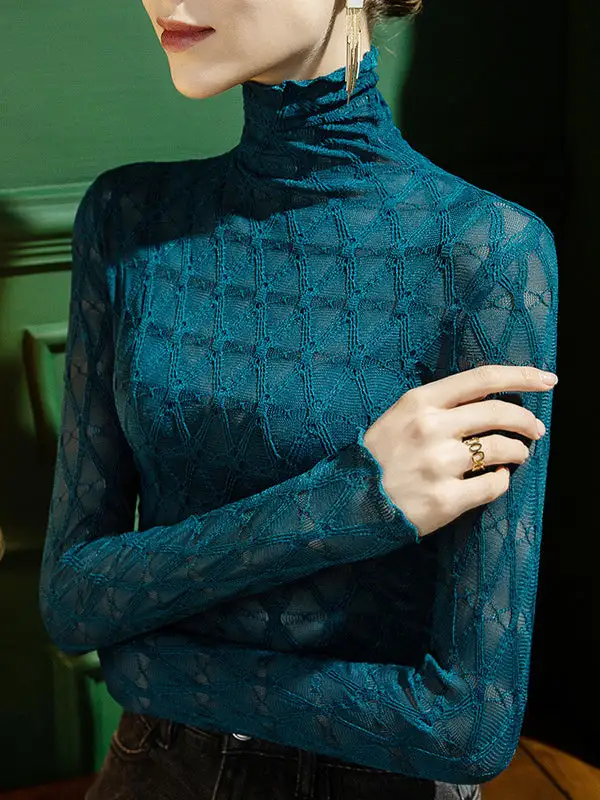 Refined Lace Detail Slim Fit Falbala Checkered High Neck T-Shirt