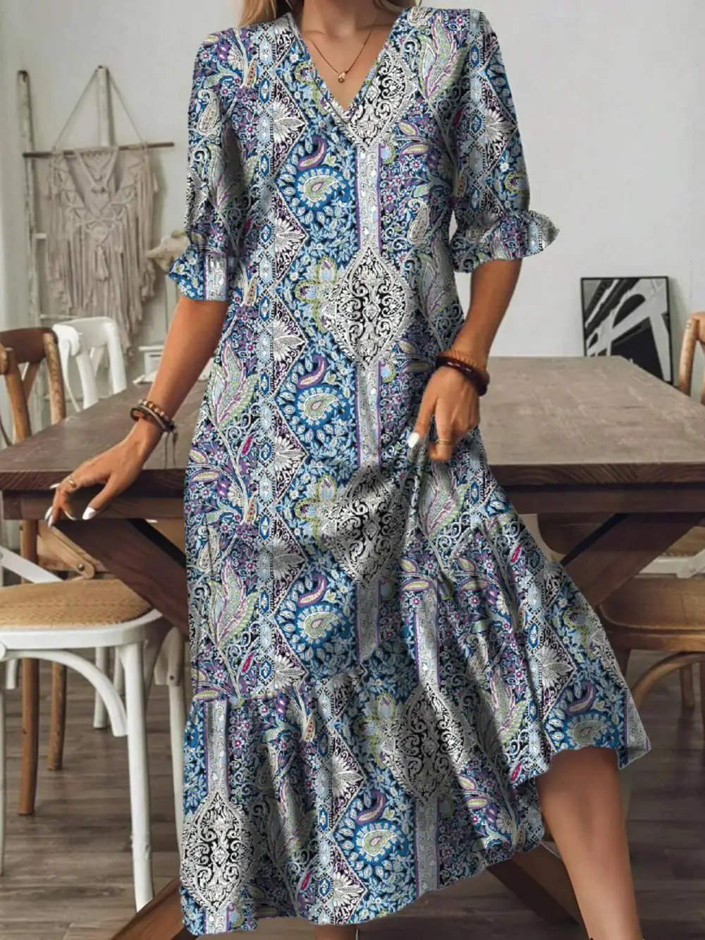 Paisley Print V Neck Midi Dress