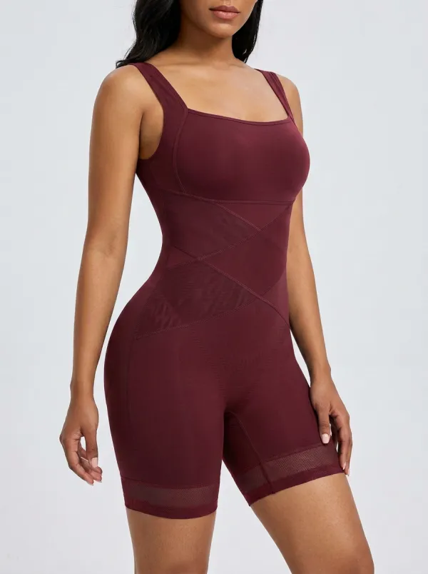 Women's Tummy Control Cross-Strap Mesh Trimmed Bodysuit Shapewear