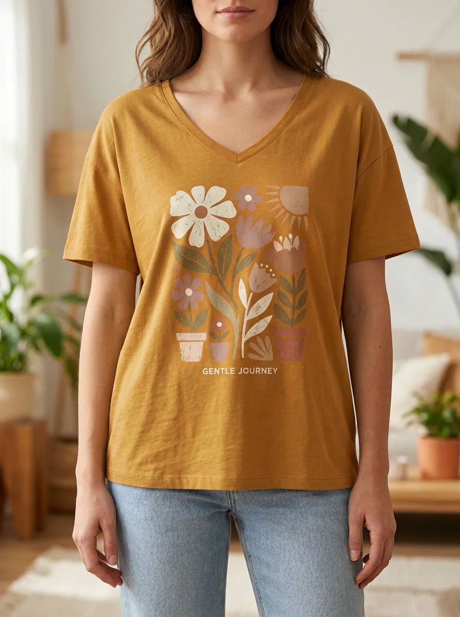 Women's Botanical Plant Gentle Journey Print V-Neck T-Shirt