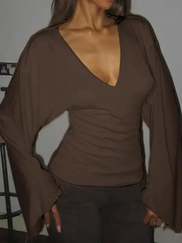 Elegant women's solid-color long-sleeved T-shirt, featuring a sexy deep V-neck and a slim-fit design