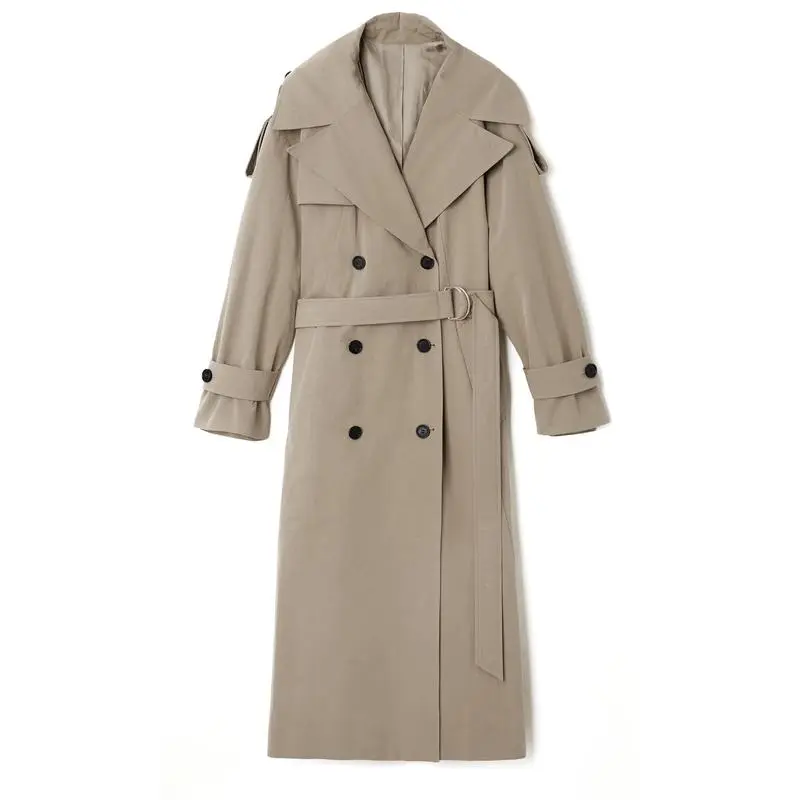 Womens Oversized Long Trench Coat Double Breasted Lapel Windproof Overcoat with Belt