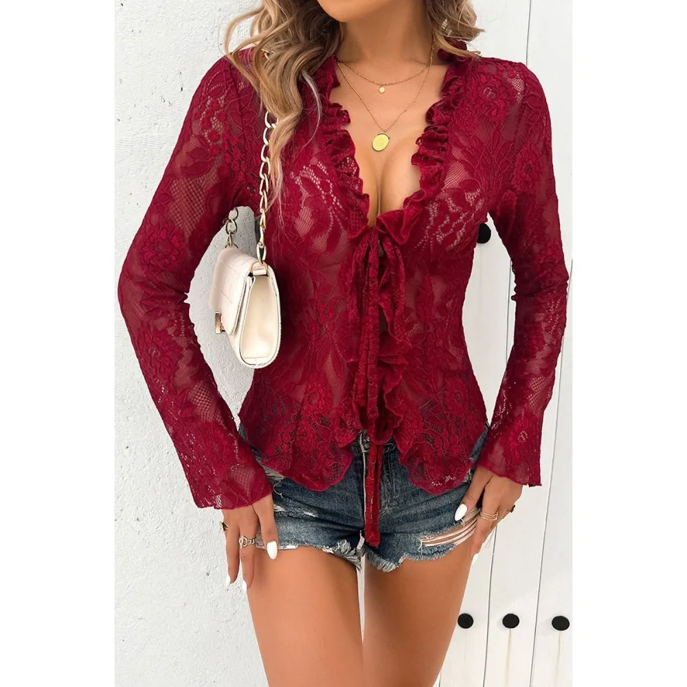 Lace Trim Ruffle Trim Knot Detail Top