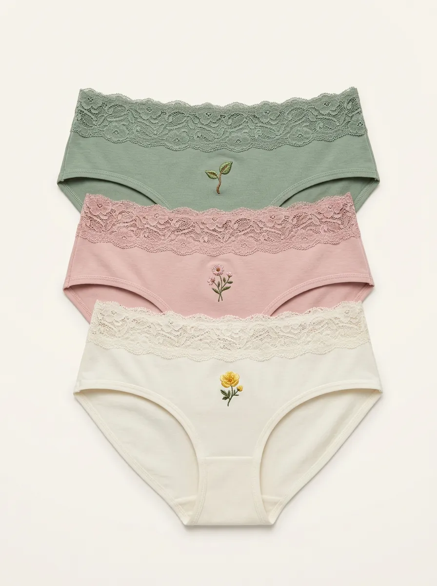 Women's Mid-Rise Lace-Trim Scalloped Floral Embroidered Briefs Three Pack