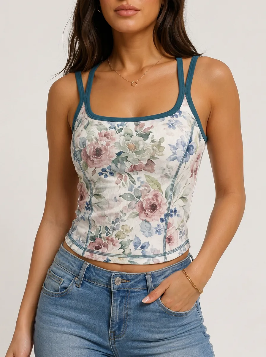 Women's Floral Contrast Trim Square Neck Tank