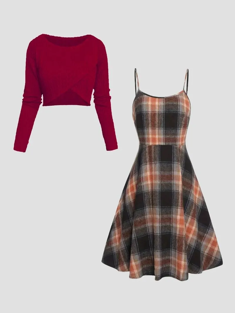 Women's Solid Wrap Hem Round Neck Textured Long Sleeve Crop Top & Plaid Print A-Line Dress Set