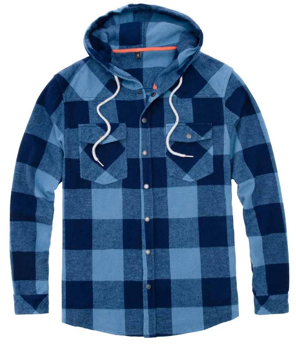 Men's Hooded Plaid Flannel Shirt Jacket with Hand Pockets