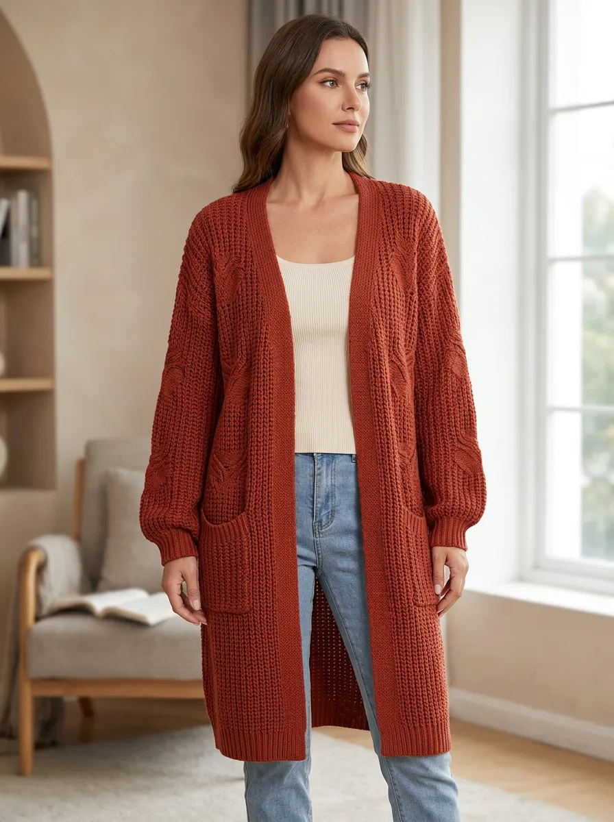 Women's Fall Cable Knit Open-Front Open- Design Without Closures Long Cardigan