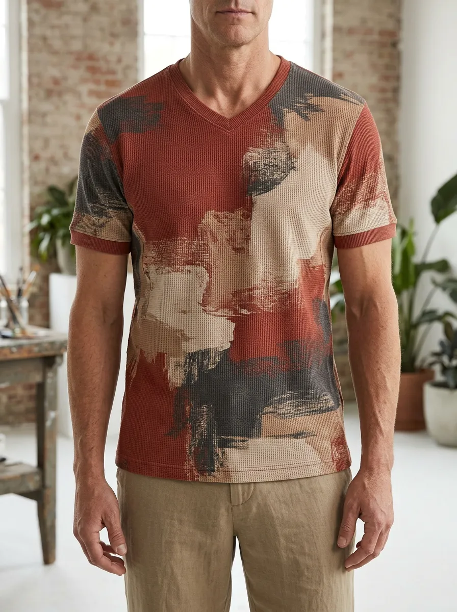 Men's Dynamic Abstract Brushstroke Pattern Waffle Knit V-Neck T-Shirt