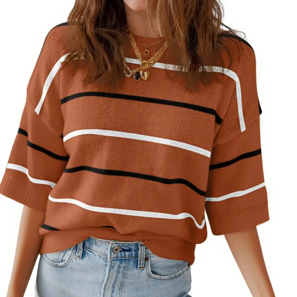 Women'S Short-Sleeved Striped Sweatshirt For Spring And Summer