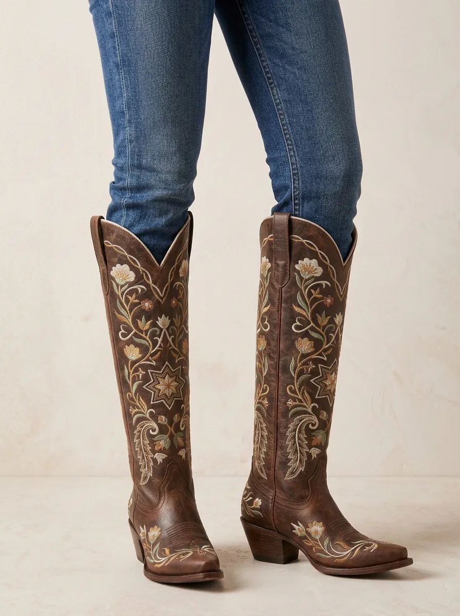 Women's Western Floral Geometric Star Embroidered Pointed-Toe Block-Heel Denim Over-the-Knee Boots