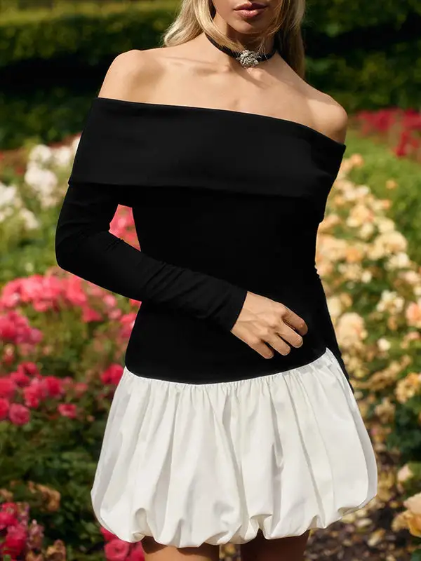 High Waisted Long Sleeve Contrast Color Pleated Split Joint Off The
