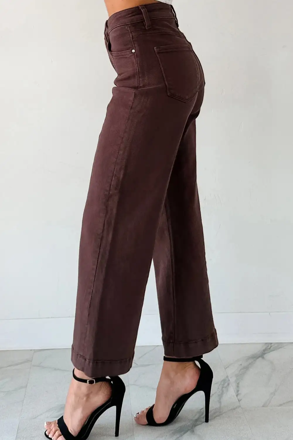 Wide Leg Cropped Sandalwood Solid Seamed Jeans