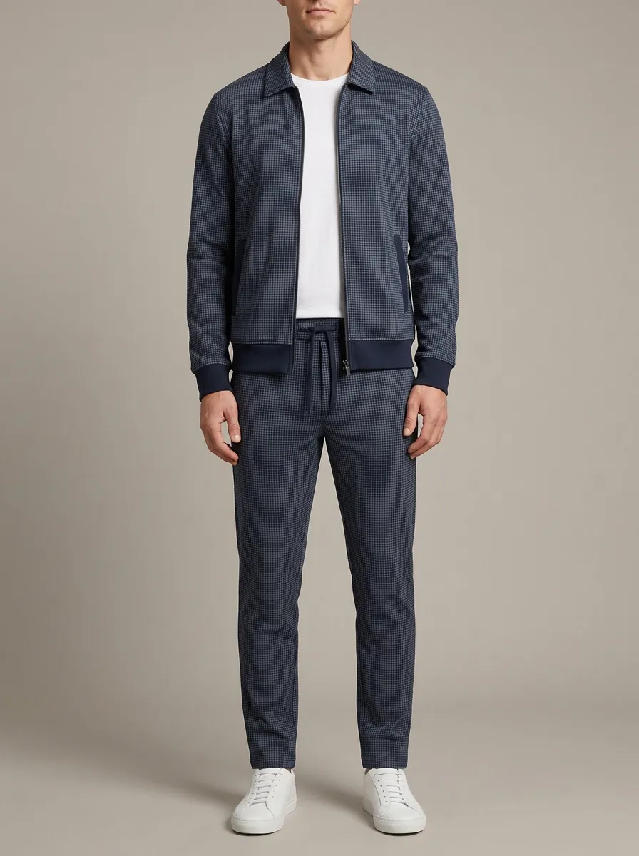 Men's Textured Houndstooth Polo Collar Jacket and Jogger Pants Set