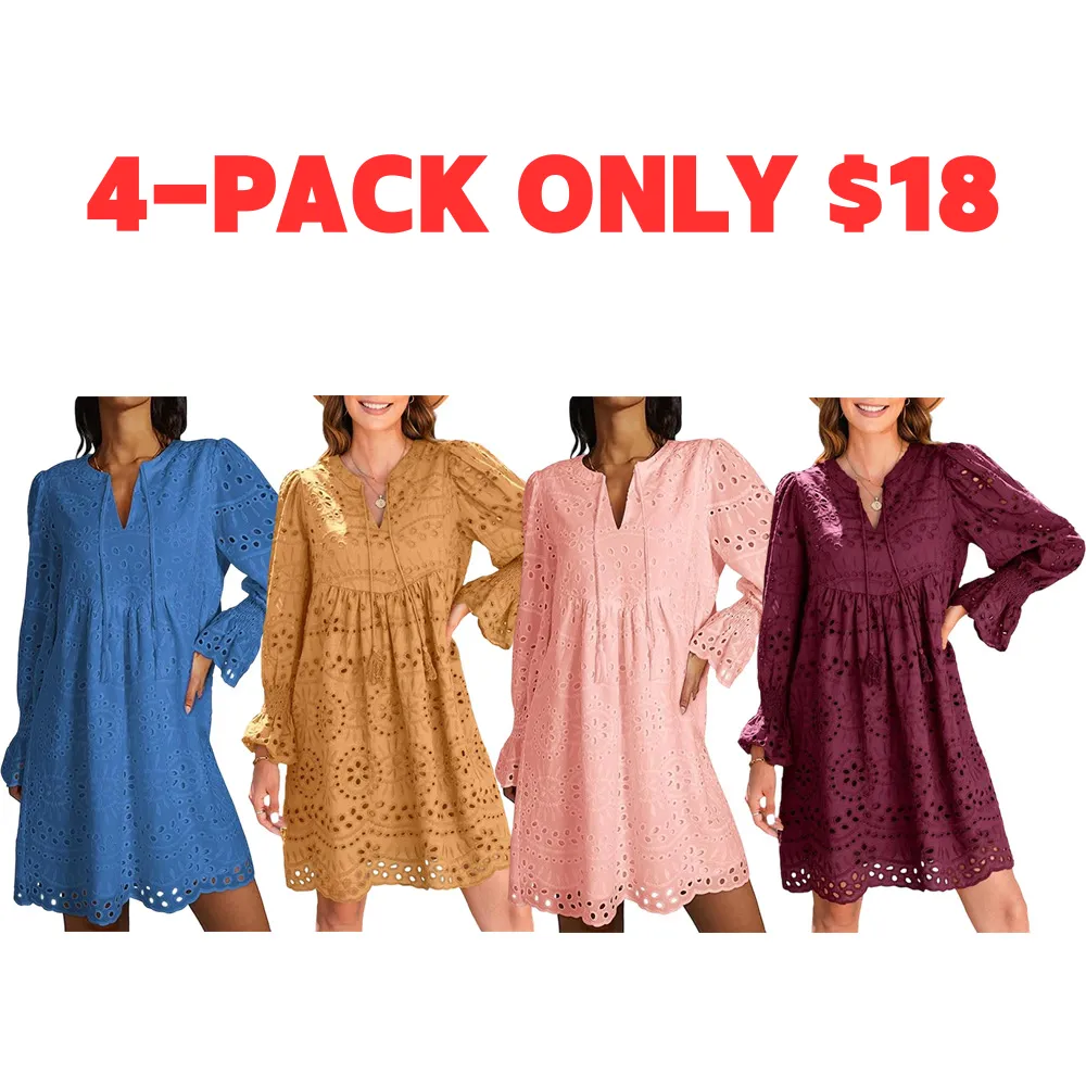Women's 2025 Casual Dress Tassel V Neck Long Sleeve A Line Hollow Out Lace Ruffle Above Knee Dress, 100% Cotton, Comfortable Fit