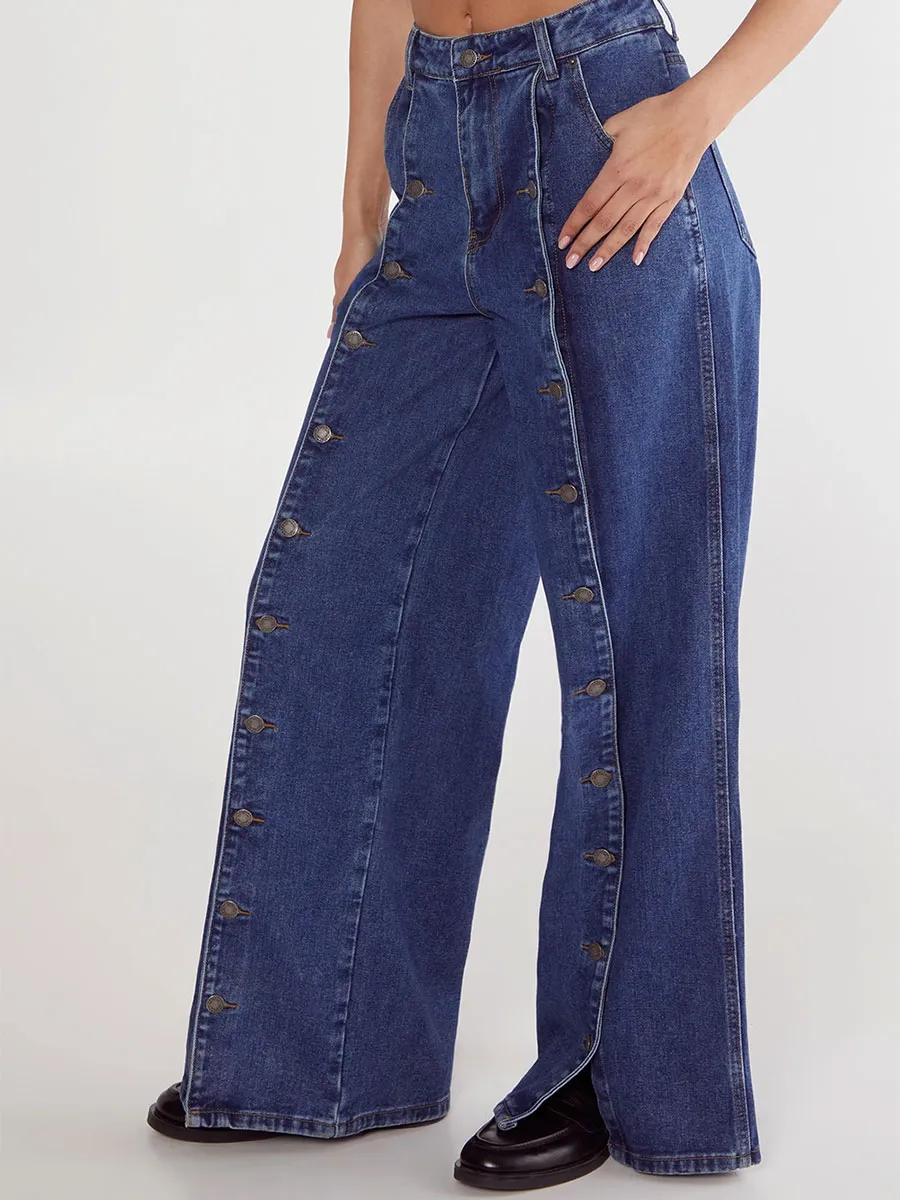 Women's Dark Blue Side Button Wide-Leg Jeans