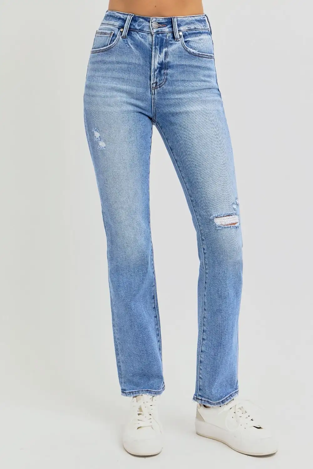 Relaxed Distressed Washed Pocketed Stretch Straight Leg Jeans