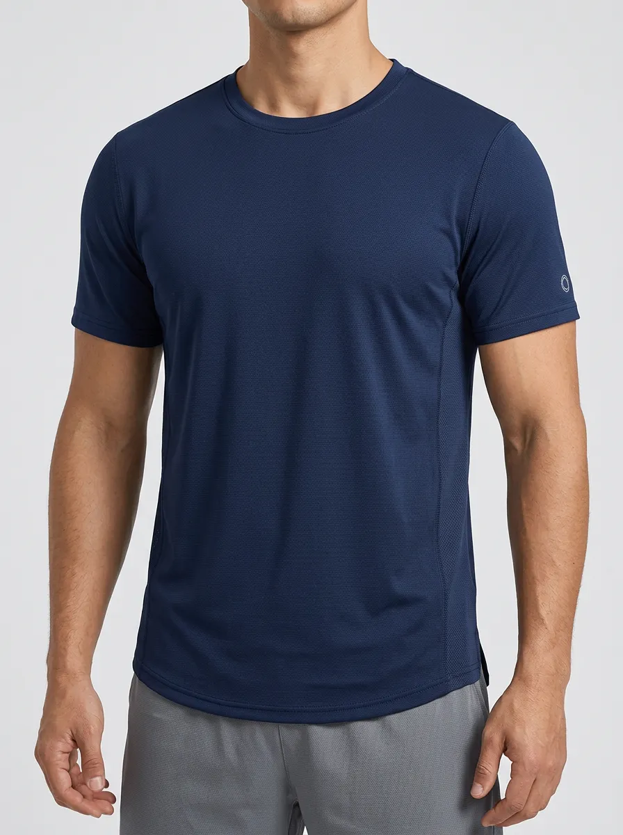 Men's Emblem Athletic Mesh Textured Active Sport Crewneck T-Shirt
