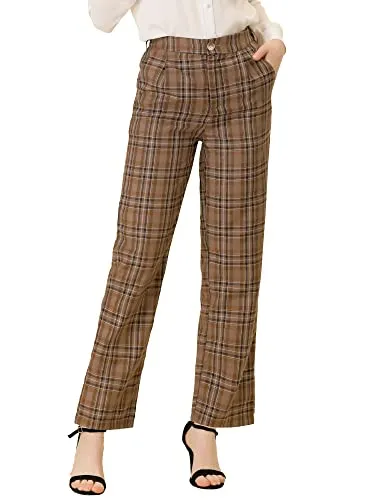 Women's Plaid Pants Elastic Waist Casual Work Office Long Trousers
