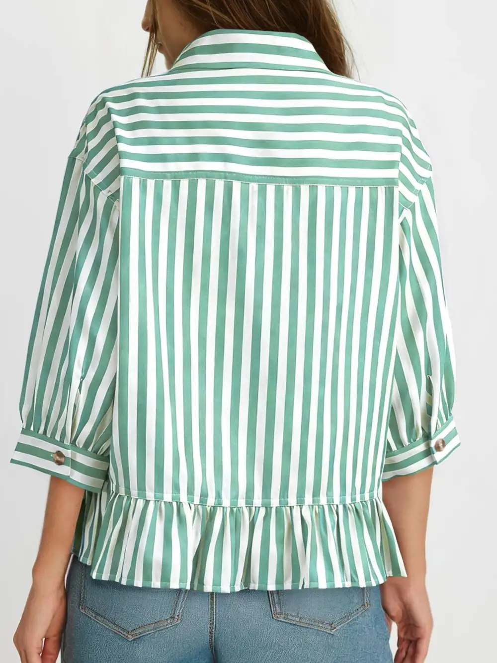 Striped Ruffle Hem Button Down Shirt