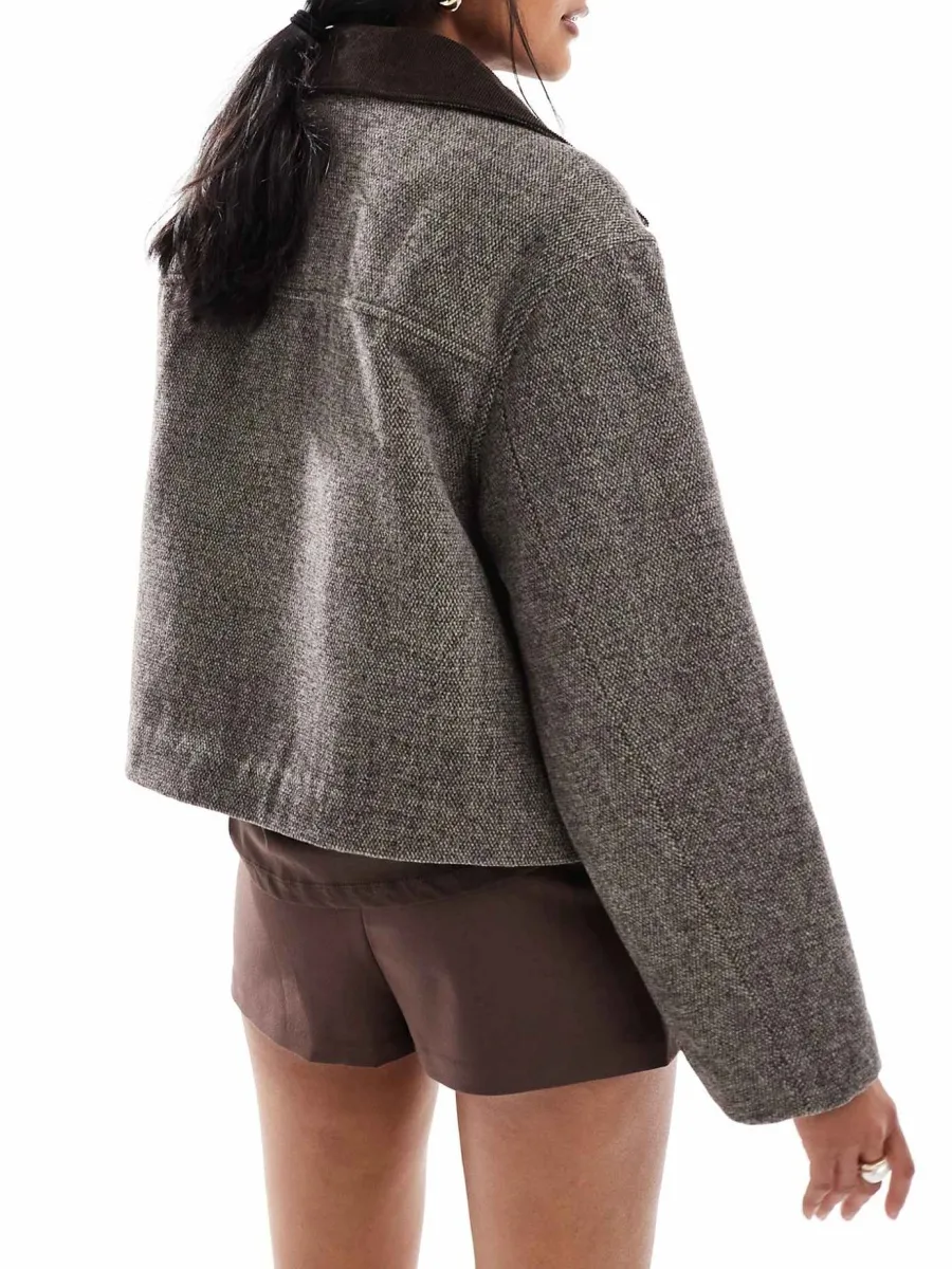 Tweed Contrast-Collar Button Jacket