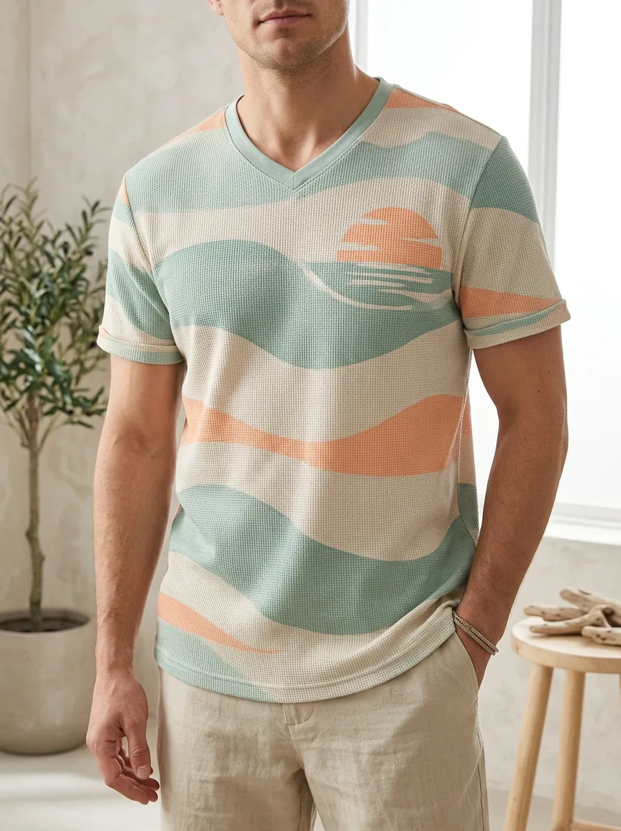 Men's Beach Sunset Waffle Knit Printed V-Neck T-Shirt