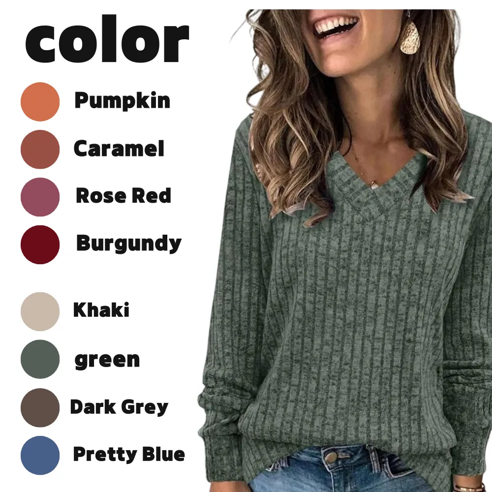 Women's V-Neck Long Sleeve Knit Sweater | Lightweight | Oversized Loose Fit Sweater for Layering