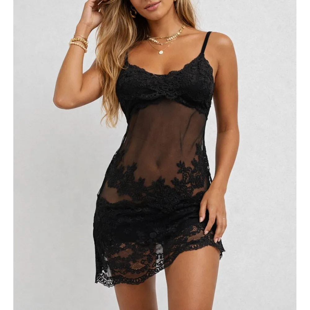 Sheer Mesh Lace Embroidery V Neck Cami Mini Dress
