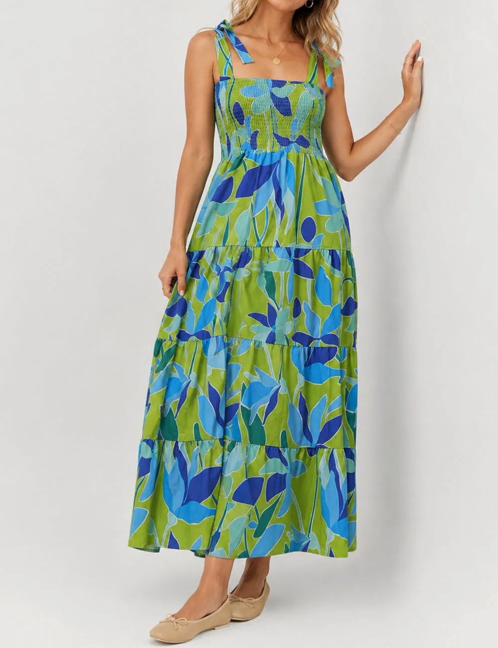 Abstract Smocked Strap Square Neck Midi Dress