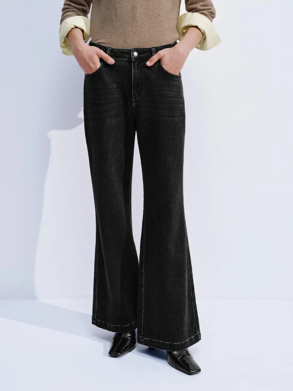 Ladies Black Casual Denim Flared Trousers