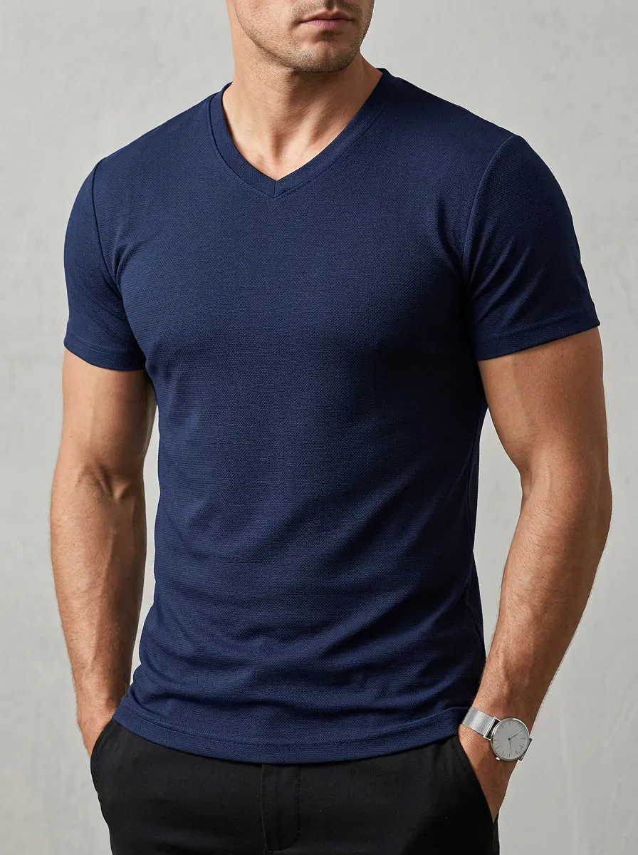 Streamlined Textured V-Neck Look Men's Slim Fit Short Sleeve T-Shirt
