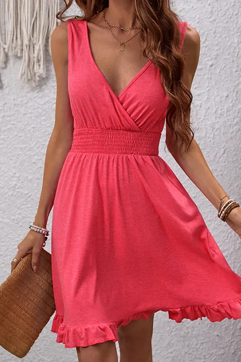 Neck Solid Color Smocked Waist Mini Dress