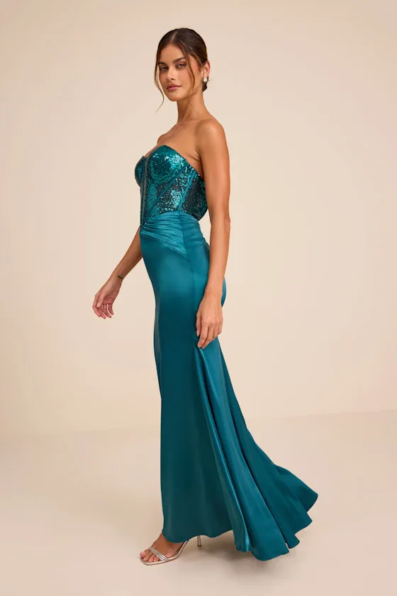 Ria Emerald Sequin Strapless Mermaid Maxi Dress