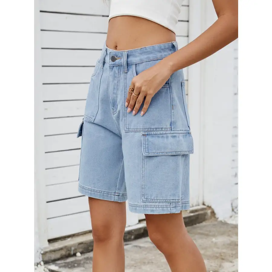 High Waist Denim Shorts with Cargo Pockets