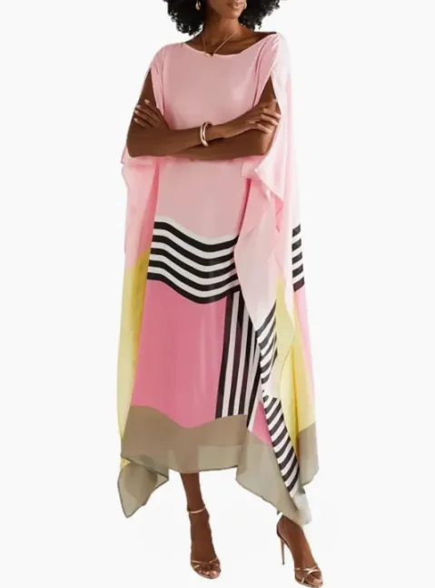 Satin Striped Contrast Bat Sleeve Midi Dress