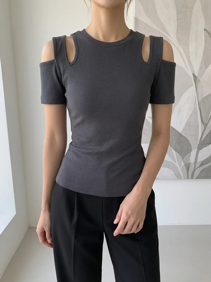 Women's Casual Fashion Grey Cold Shoulder Ribbed Top