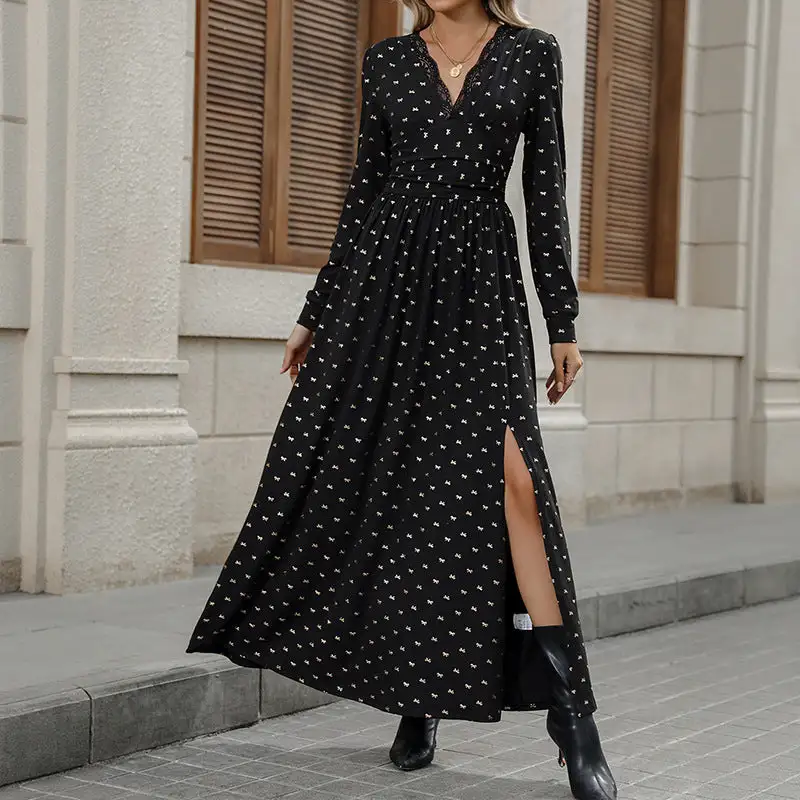 Women's V-Neck Long-Sleeve Lace Ruffled Maxi Dress