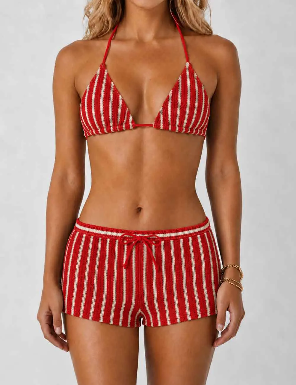 Crochet Triangle Three Piece Bikini Set with Cover Up Shorts